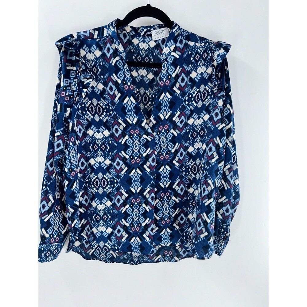 Women's AK Anna Kay Geomatric Print Ruffle Long Sleeve Blouse Top Size L??